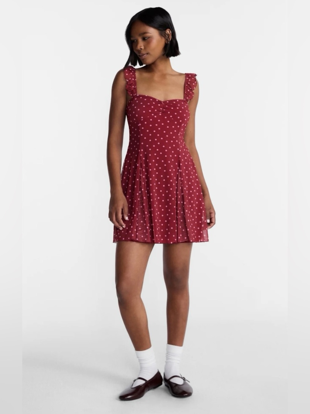 NWT No Boundaries Burgundy Polka Dot Ruffle Strap Mini Dress